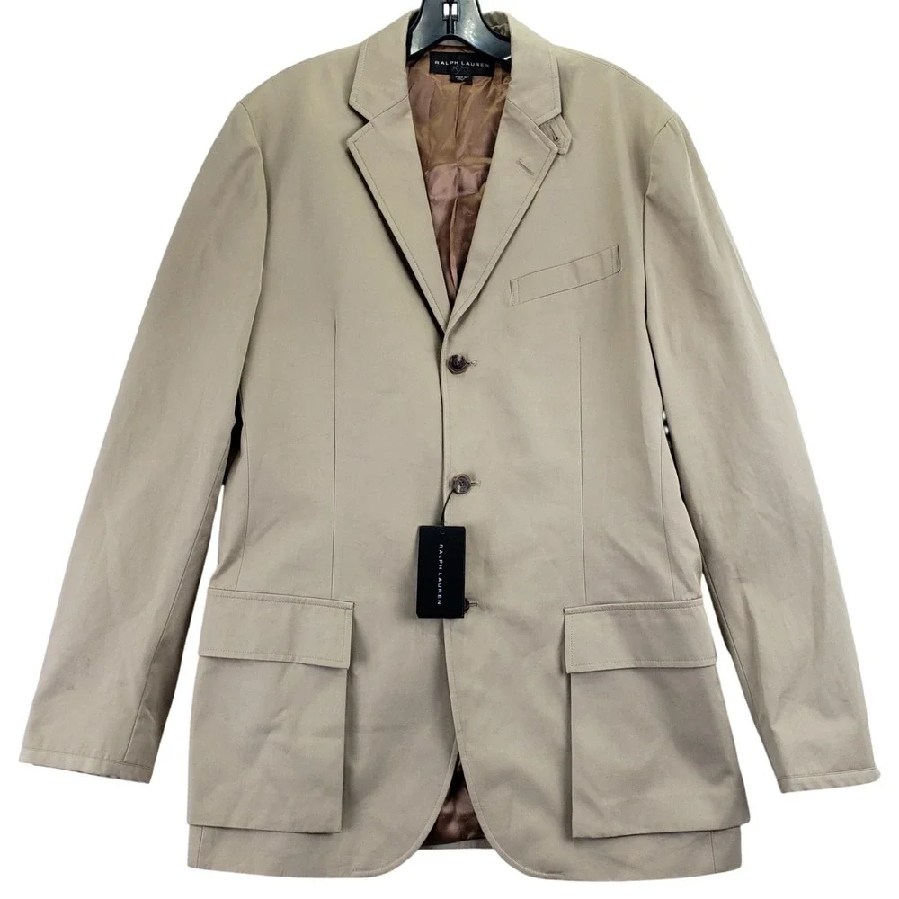 Ralph Lauren Cotton Twill 2-Button Blazer Sport Coat Mens 42L Tan Beige Office